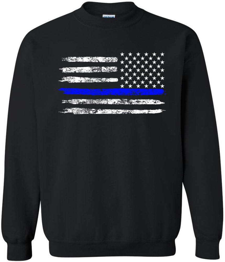 Army Universe USA Flag Distressed American US Thin Line Crewneck Sweatshirt Patriotic Pullover, Black