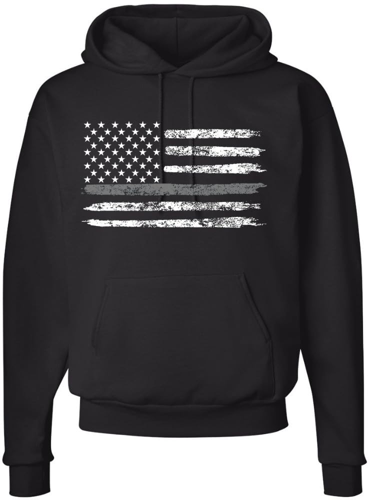 Army Universe Thin Line USA Flag Distressed American US Hooded Sweatshirt Patriotic Pullover Hoodie, Black