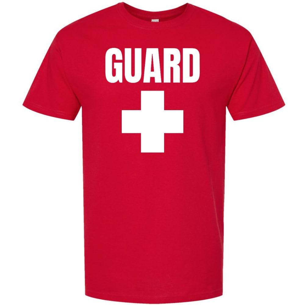 Red GUARD T-Shirt - White Cross Lifeguard Tee, Double-Sided Print, Cotton Crewneck for Men & Women