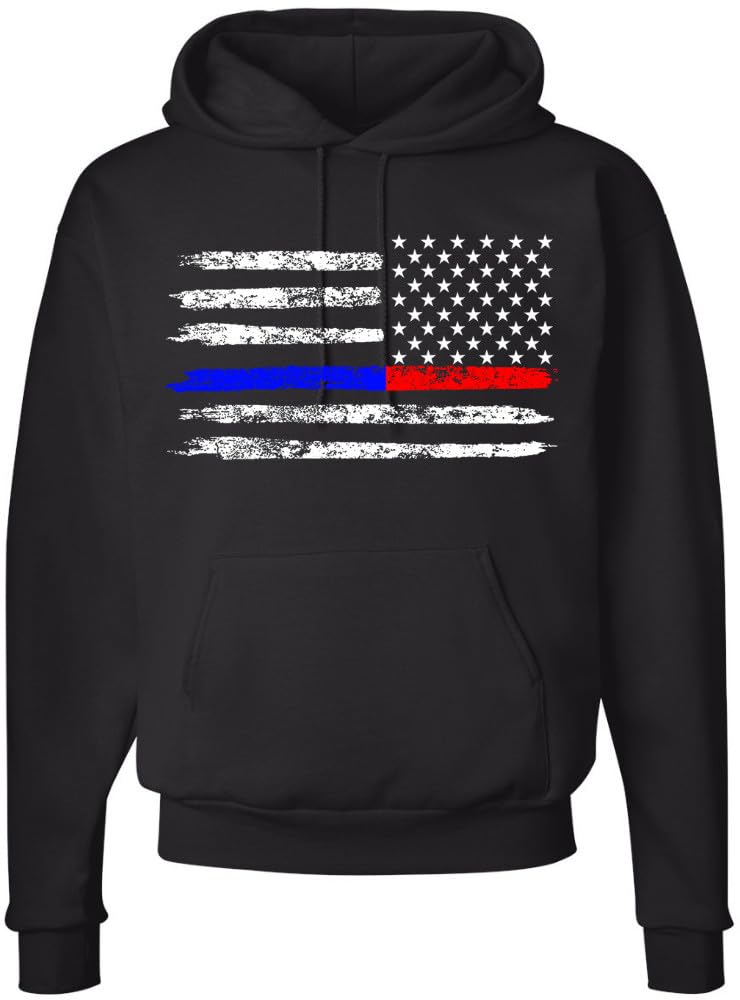 Army Universe Thin Line USA Flag Distressed American US Hooded Sweatshirt Patriotic Pullover Hoodie, Black