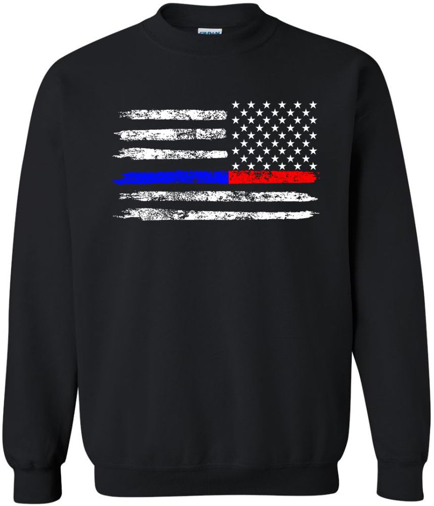 Army Universe USA Flag Distressed American US Thin Line Crewneck Sweatshirt Patriotic Pullover, Black