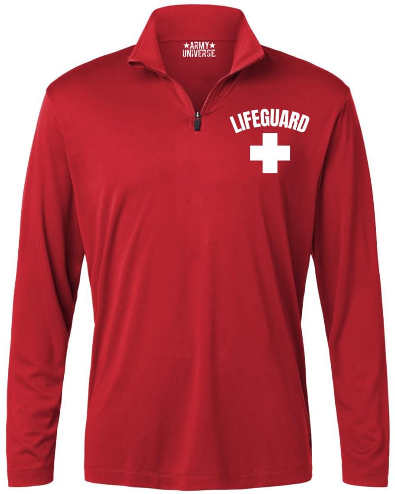 Lifeguard + White Cross 1/4 Quarter Zip Active Performance Shirt - 100% Polyester Water Safety Rescue Long Sleeve Top