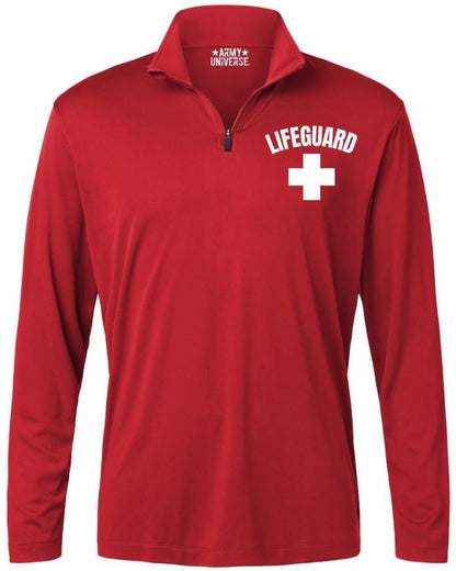 Lifeguard + White Cross 1/4 Quarter Zip Active Performance Shirt - 100% Polyester Water Safety Rescue Long Sleeve Top