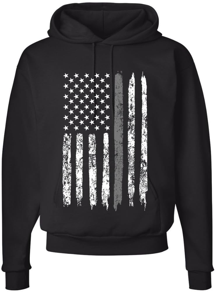 Army Universe Thin Line USA Flag Distressed American US Hooded Sweatshirt Patriotic Pullover Hoodie, Black