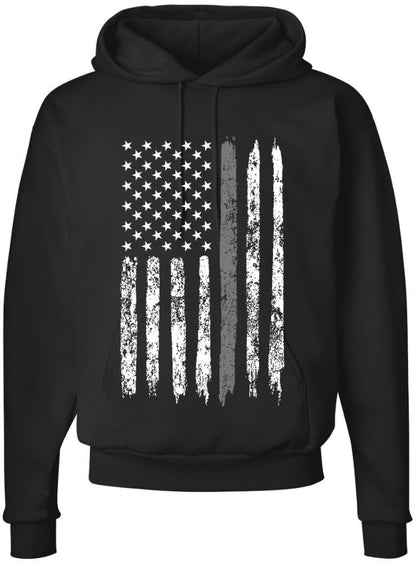 Army Universe Thin Line USA Flag Distressed American US Hooded Sweatshirt Patriotic Pullover Hoodie, Black