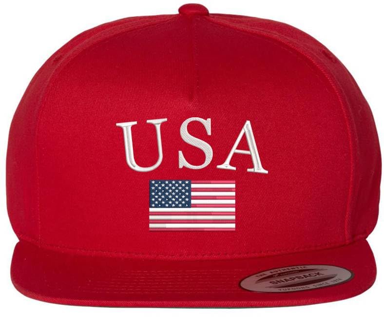 USA American Flag Embroidered Flat Bill Snapback Adjustable Hat | United States Patriotic Classic July 4th Cap