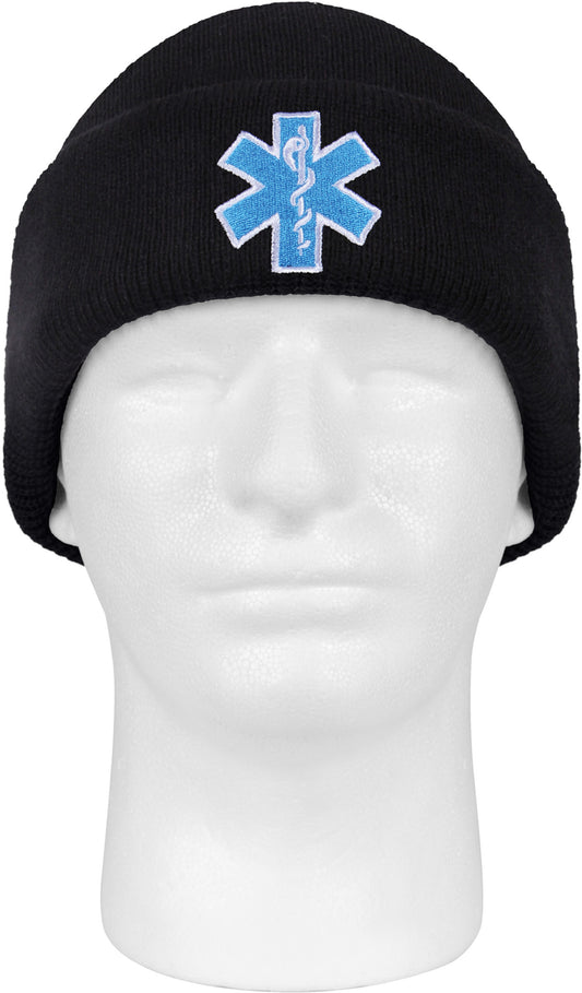 Black - EMS EMT Watch Cap with Medical Star of Life Emblem