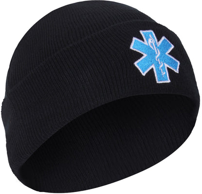 Black - EMS EMT Watch Cap with Medical Star of Life Emblem