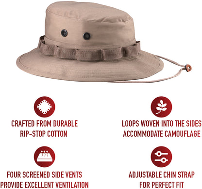 Khaki - Tactical Military Boonie Bucket Hat - 100% Cotton Rip-Stop
