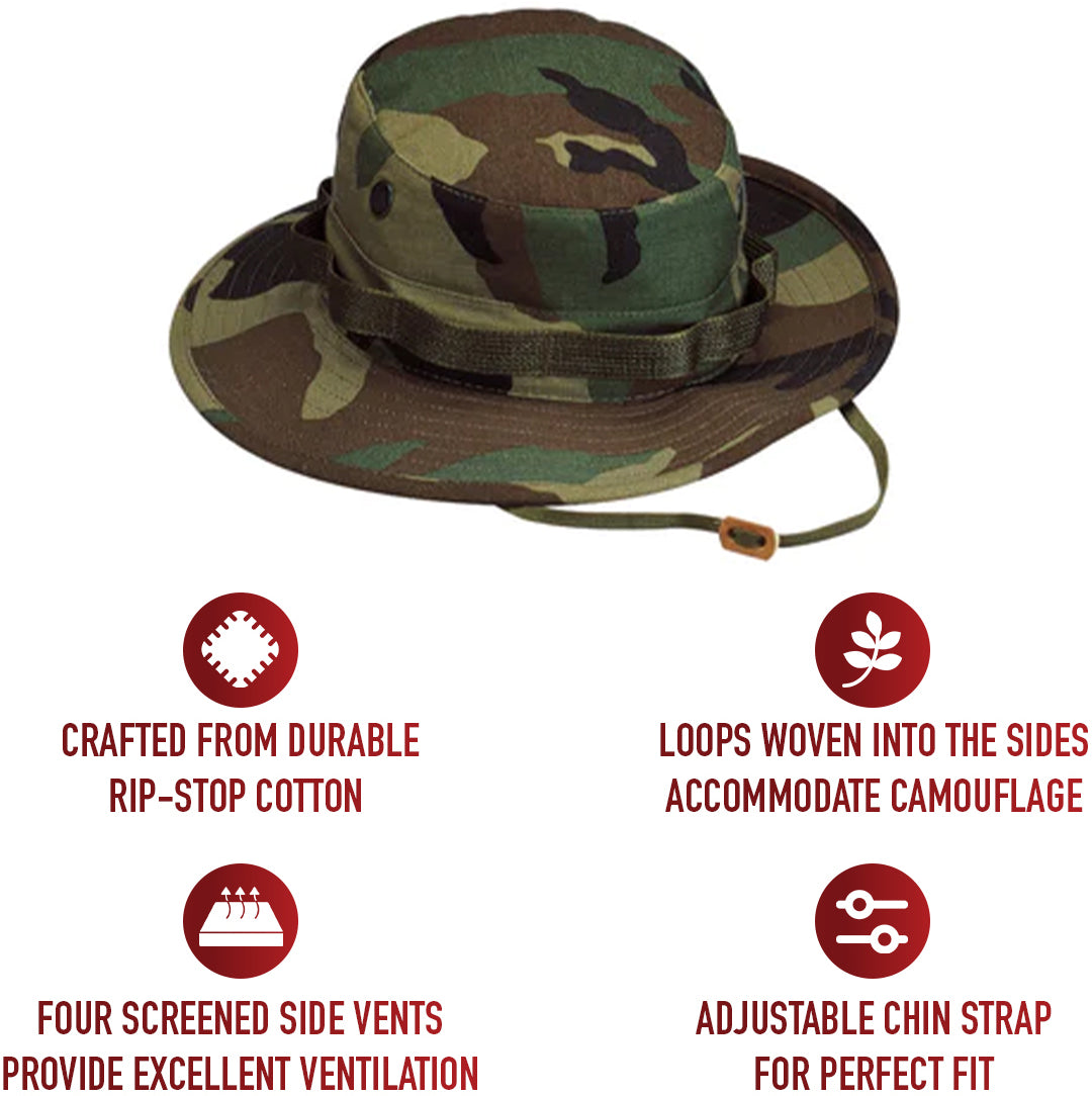 Woodland Camouflage - Tactical Military Boonie Hat - 100% Cotton Rip-Stop