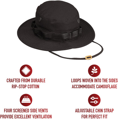 Black - Tactical Military Boonie Bucket Hat - 100% Cotton Rip-Stop