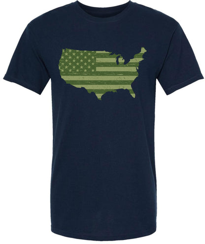 American Flag Distressed USA Map Printed T-Shirt | US Outline Graphic Tee | 100% Cotton Crewneck