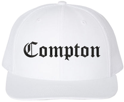 Compton Old English Embroidered Trucker Hat | Classic Deluxe Snapback Mesh Snapback Cap