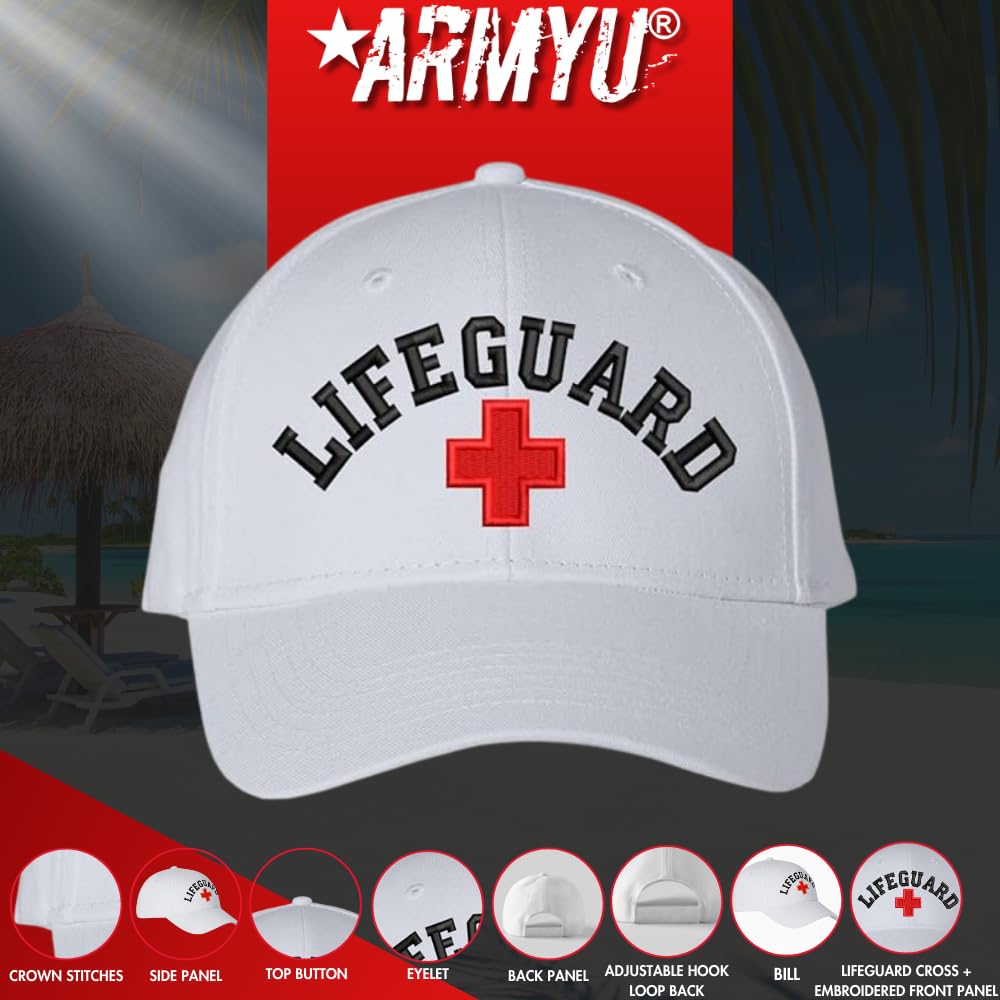 LIFEGUARD + CROSS Baseball Hat | Structured Life Guard Red White Cross Beach Rescue Watch Pool Safety Duty Uniform Cap