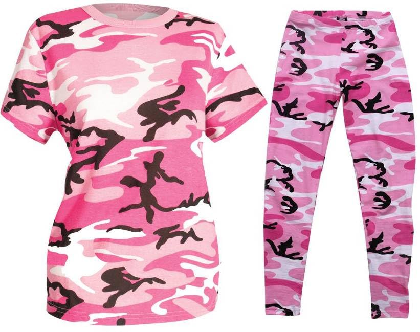 Ladies Long Camouflage T-Shirt & Leggings Set Fashion Active Everyday Camo Shirt & Pant Set Women's