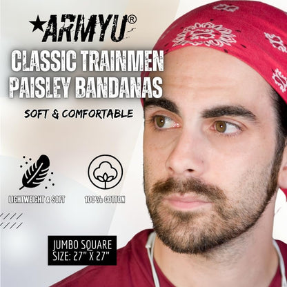 Trainmen Paisley 27" Jumbo Military Bandana Head Scarf Do-rag 100% Cotton Bandanna Face Cover 3-Pack