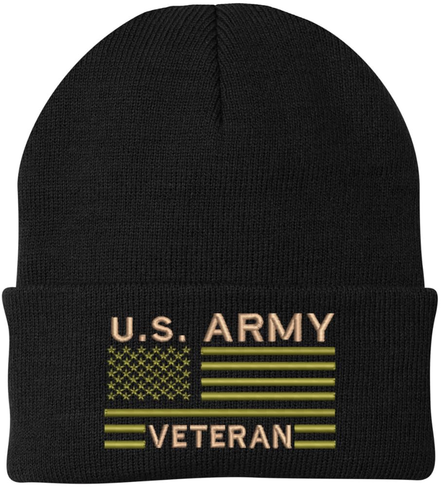 US Army Veteran USA Flag Embroidered Beanie Hat | Warm Knit USA Military Vet Acrylic Watch Cap