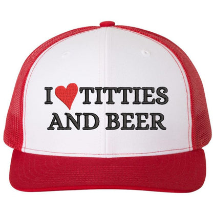 I Heart Titties & Beer Embroidered Trucker Cap Funny Love Boobs and Drinking Mesh & Snap Back Hat