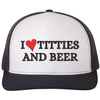 I Heart Titties & Beer Embroidered Trucker Cap Funny Love Boobs and Drinking Mesh & Snap Back Hat