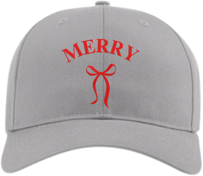 Merry Embroidered Two Tone Baseball Cap with Bow | Festive Christmas Holiday Adjustable Polycotton Unisex Hat