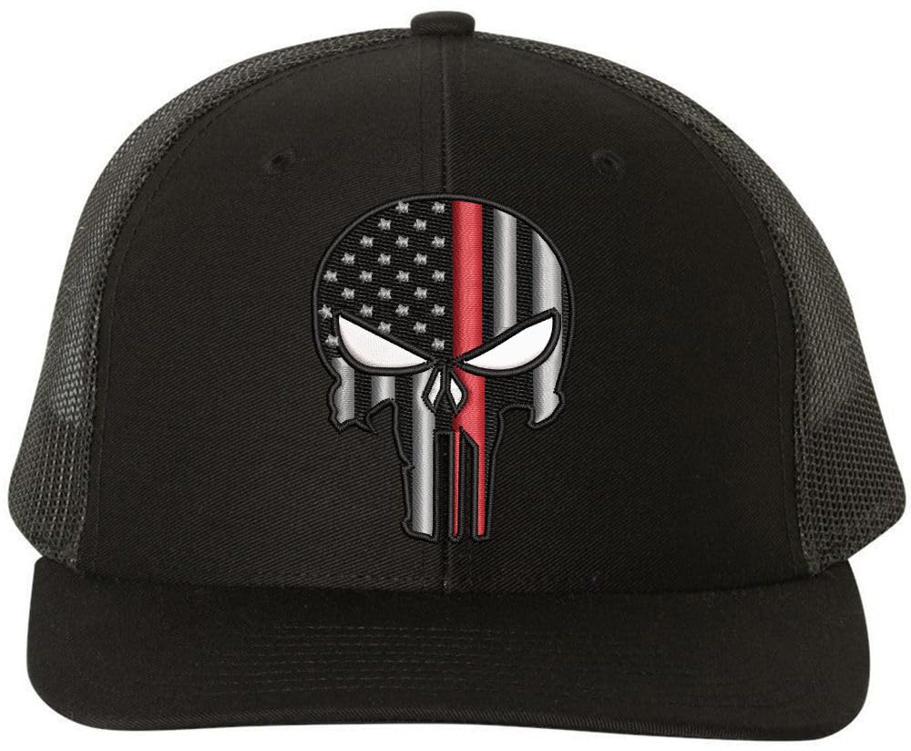 USA Flag Skull Punisher Embroidered Trucker Hat | Thin Blue Line or Thin Red Line American Baseball Cap