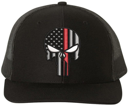 USA Flag Skull Punisher Embroidered Trucker Hat | Thin Blue Line or Thin Red Line American Baseball Cap
