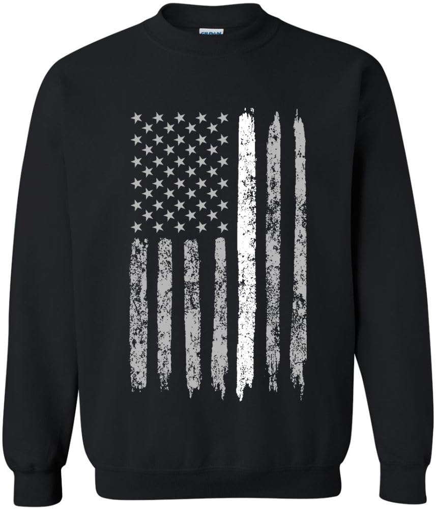 Army Universe USA Flag Distressed American US Thin Line Crewneck Sweatshirt Patriotic Pullover, Black