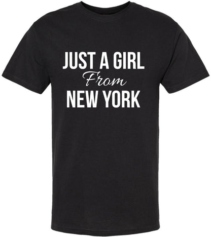 Just a Girl From New York Printed T-Shirt | Trendy NYC Pride Stylish NY State Tee Shirt, Black
