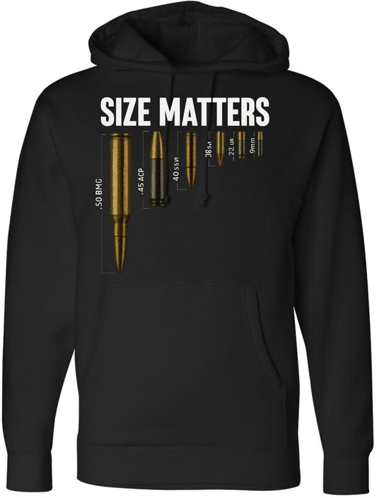 Size Matters Printed Hoodie Shooting Humor Pro Gun Ammo Pullover, Black