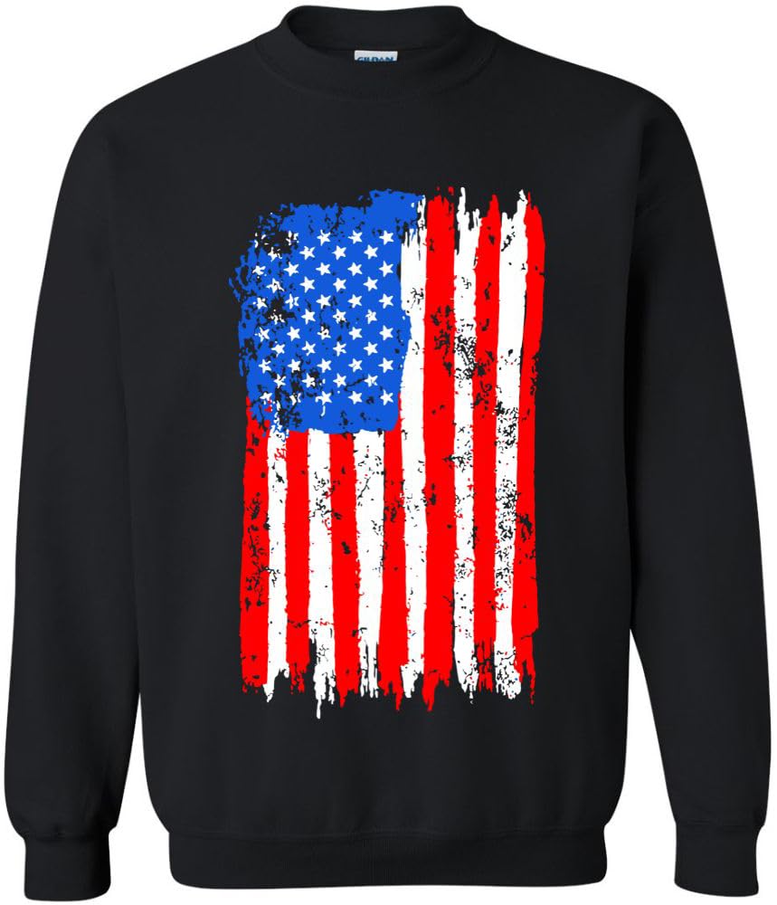 Army Universe USA Flag Distressed American US Thin Line Crewneck Sweatshirt Patriotic Pullover, Black
