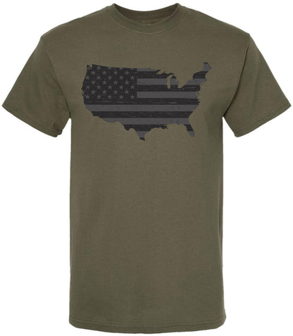 American Flag Distressed USA Map Printed T-Shirt | US Outline Graphic Tee | 100% Cotton Crewneck
