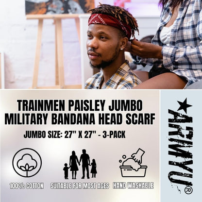 Trainmen Paisley 27" Jumbo Military Bandana Head Scarf Do-rag 100% Cotton Bandanna Face Cover 3-Pack