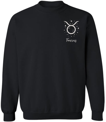 Zodiac Signs Embroidered Crewneck Sweatshirt | Horoscope Astrology Month Symbols Design Top, Black