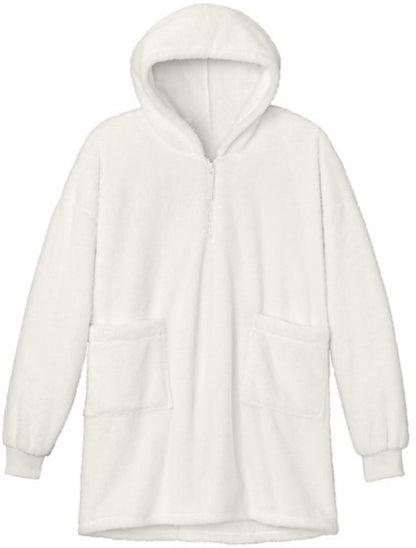 Oversized Plush Fleece Poncho for Women Sherpa Style 1/2 Zip Hooded Popover 100% Polyester
