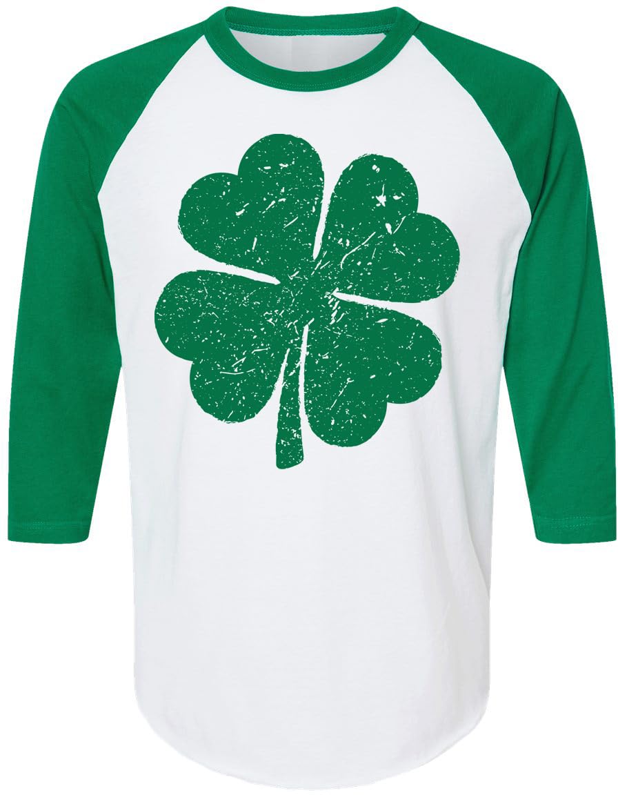 Four Leaf Clover Distressed Green Raglan T-Shirt - St. Patrick's Day White & Green Unisex 3/4 Sleeve Shirt