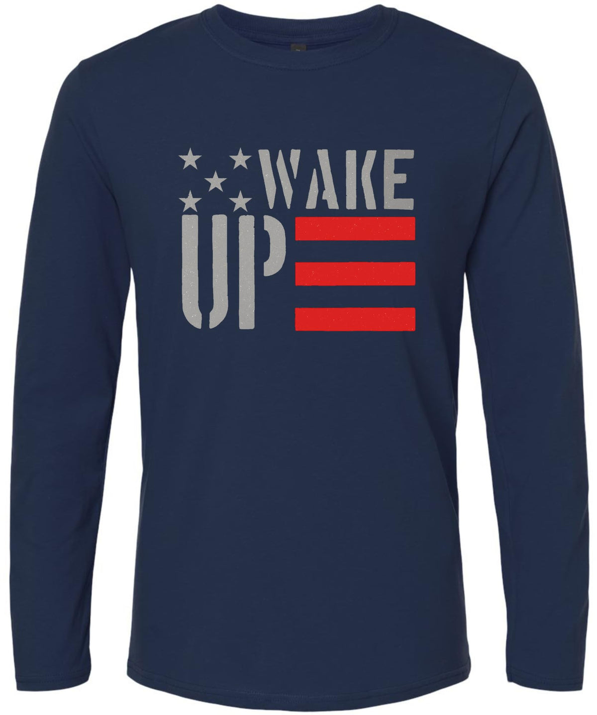 Wake Up Printed Long Sleeve T-Shirt Patriotic American Flag Silver And Red Graphic 100% Cotton Tee