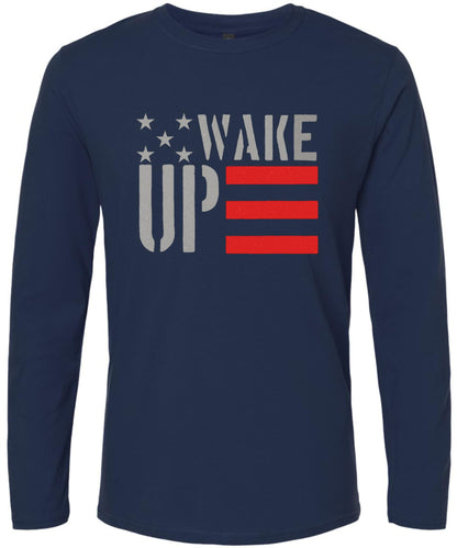 Wake Up Printed Long Sleeve T-Shirt Patriotic American Flag Silver And Red Graphic 100% Cotton Tee