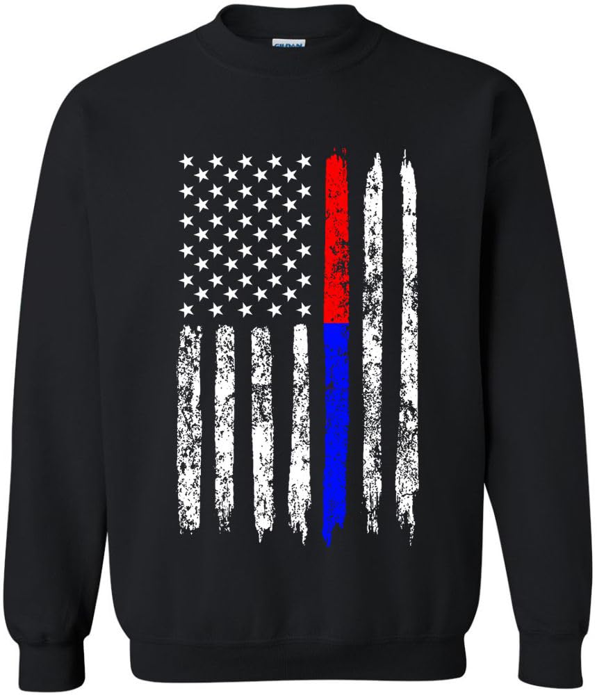 Army Universe USA Flag Distressed American US Thin Line Crewneck Sweatshirt Patriotic Pullover, Black
