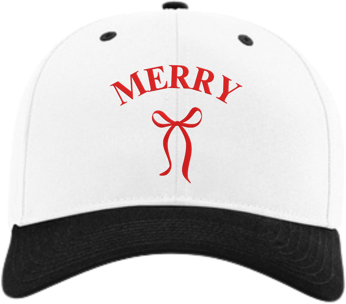 Merry Embroidered Two Tone Baseball Cap with Bow | Festive Christmas Holiday Adjustable Polycotton Unisex Hat