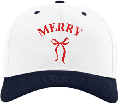 Merry Embroidered Two Tone Baseball Cap with Bow | Festive Christmas Holiday Adjustable Polycotton Unisex Hat