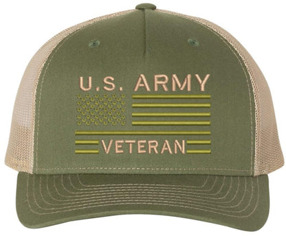 US Army Veteran USA Flag Embroidered Trucker Hat | Structured Mesh Back Military Vet Snap Back Baseball Cap