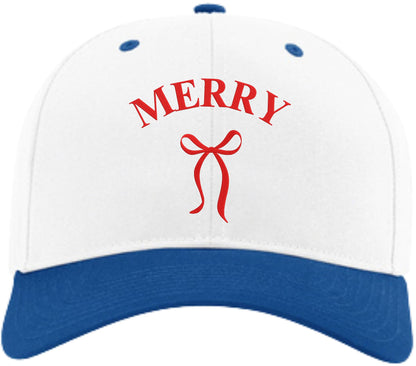 Merry Embroidered Two Tone Baseball Cap with Bow | Festive Christmas Holiday Adjustable Polycotton Unisex Hat