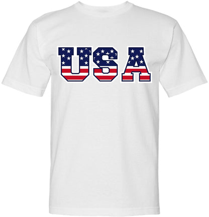 USA Text & Flag T-Shirts | July 4th Patriotic Independence Day Short Sleeve Tee Shirt | MADE IN USA