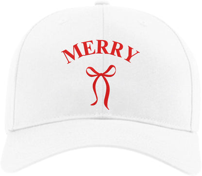 Merry Embroidered Two Tone Baseball Cap with Bow | Festive Christmas Holiday Adjustable Polycotton Unisex Hat