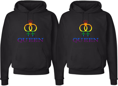 Queen & Queen Printed Hoodies Adult Lesbian Gay Pride Hooded Sweatshirts for Gay Couples (2 Pack)