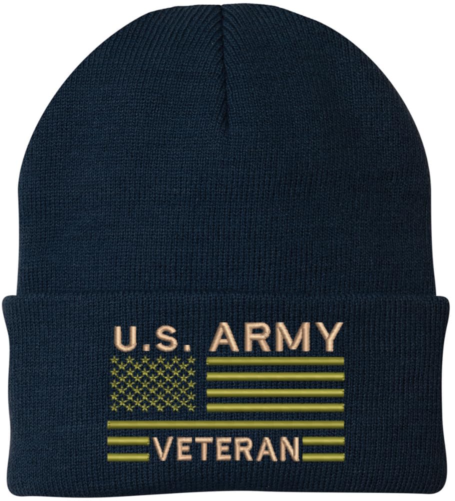 US Army Veteran USA Flag Embroidered Beanie Hat | Warm Knit USA Military Vet Acrylic Watch Cap