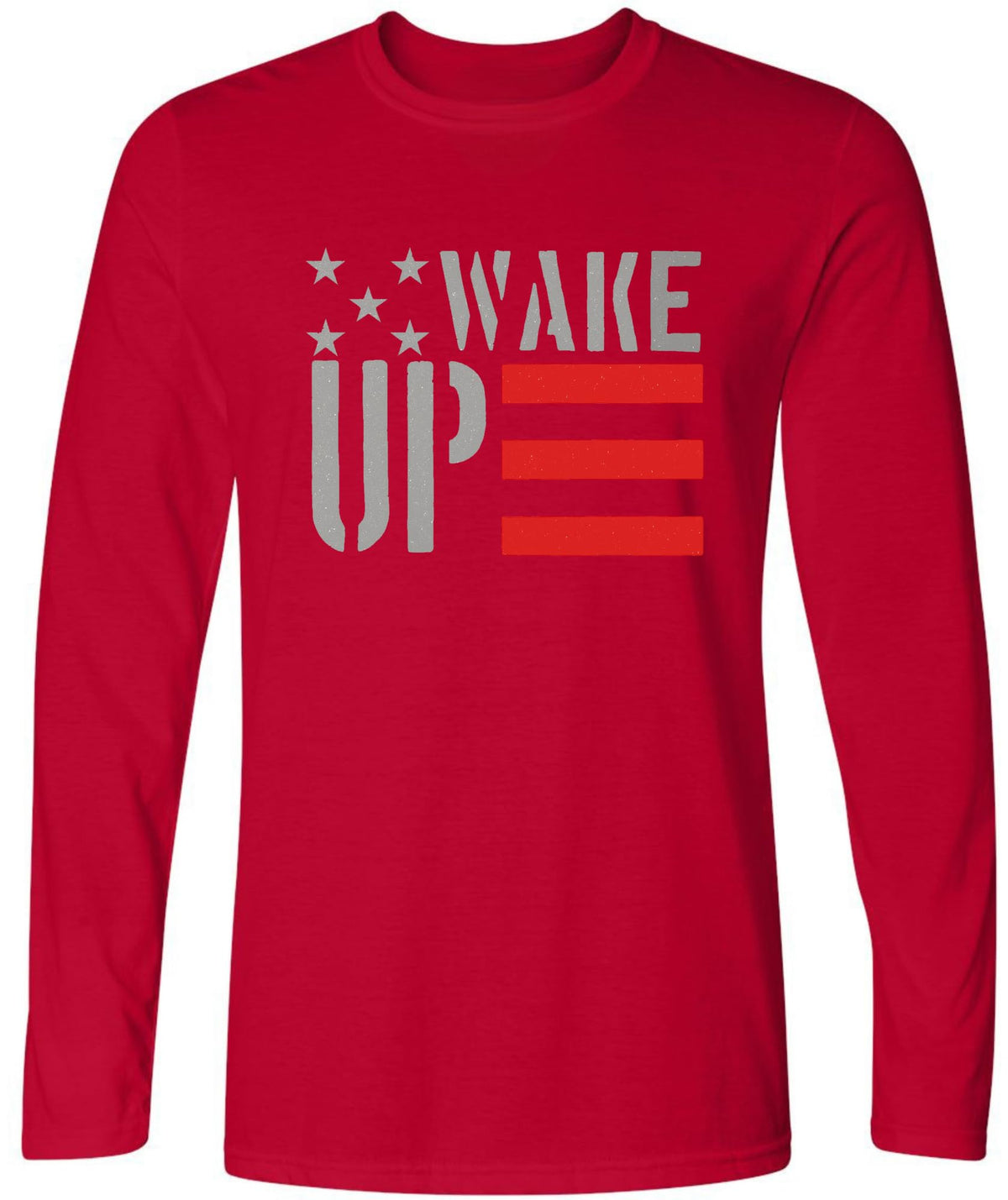 Wake Up Printed Long Sleeve T-Shirt Patriotic American Flag Silver And Red Graphic 100% Cotton Tee