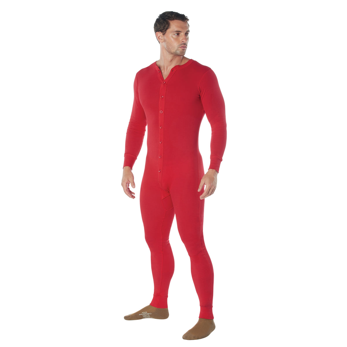 Red Cotton Union Suit Classic One-Piece Thermal Long Johns with Rear Flap