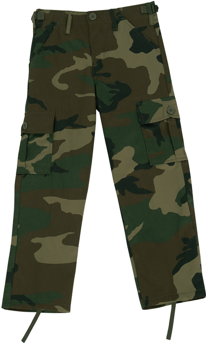 Woodland Camouflage - Tactical BDU Cargo Pants - Poly/Cotton Twill - Zipper Fly - Kids