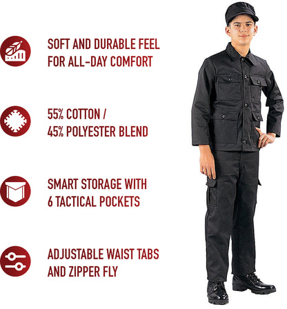 Black - Tactical BDU Cargo Pants - Poly/Cotton Twill - Zipper Fly - Kids